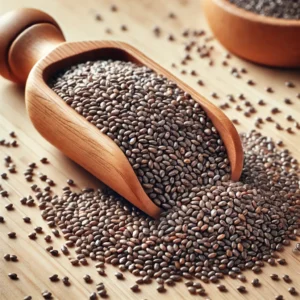 Chia Seeds in a wooden large spoon