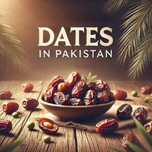 A bowl of dates placed on a wooden surface with palm leaves in the background, representing the best dates available in Pakistan.